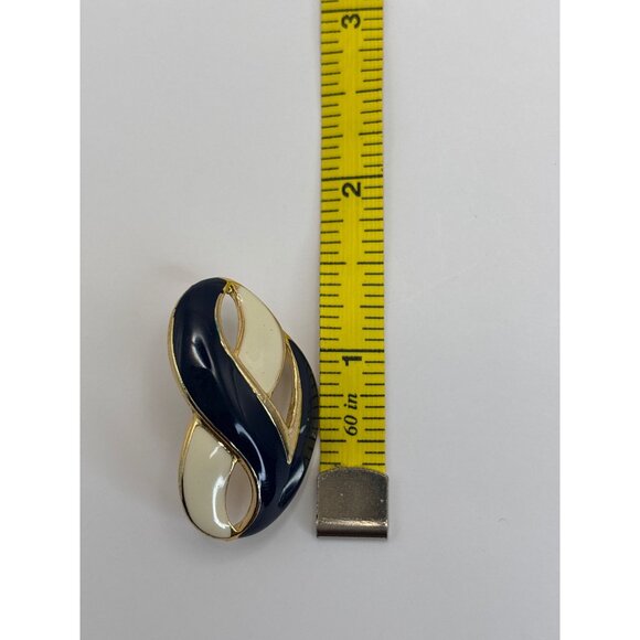 Vintage Gold Tone Enamel Navy & Cream Ribbon Brooch Earrings Set - Picture 6 of 6